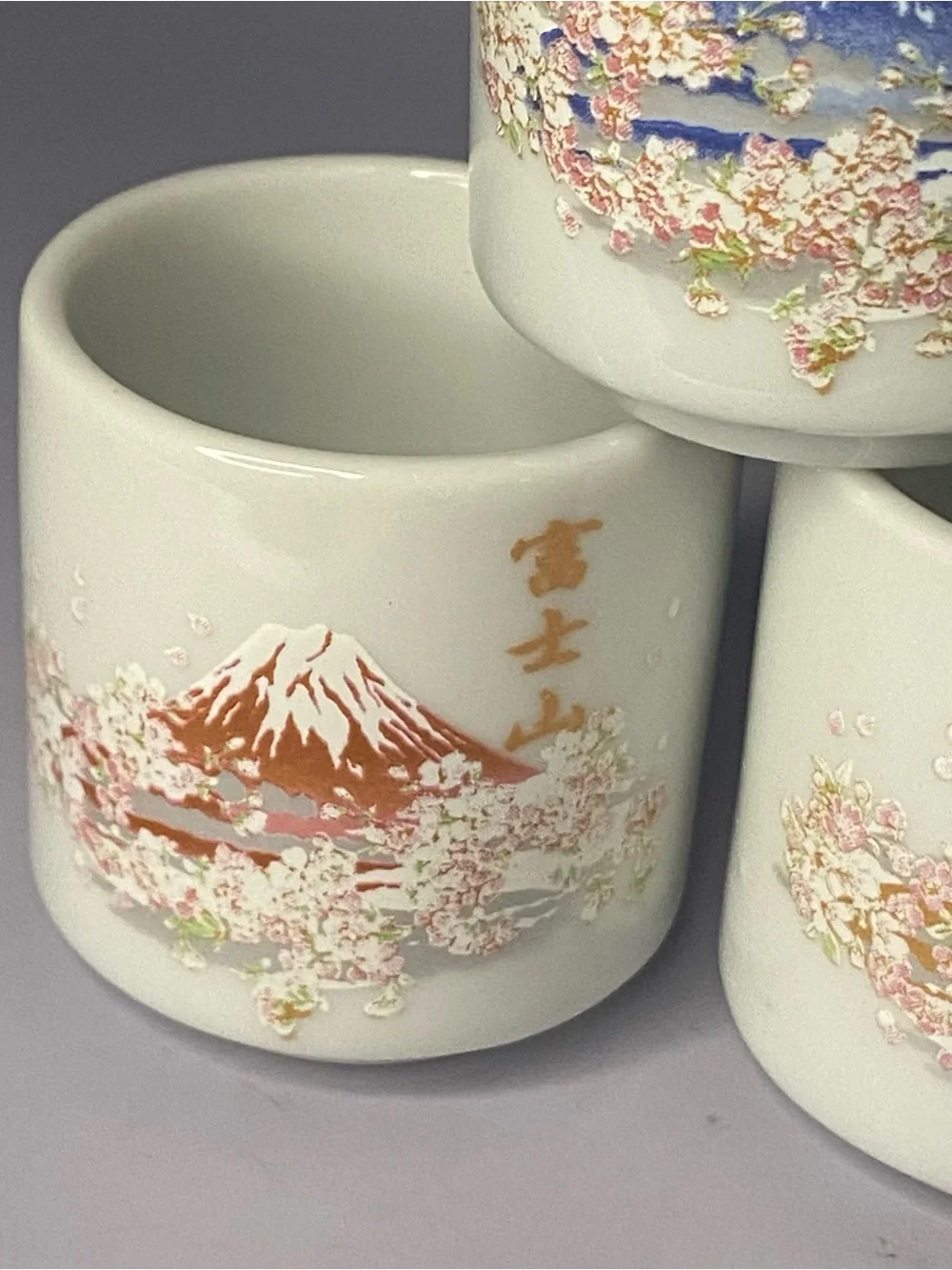 Ceramic Sakura Mount Fuji Sake Cups - White with Pink & Blue Accents